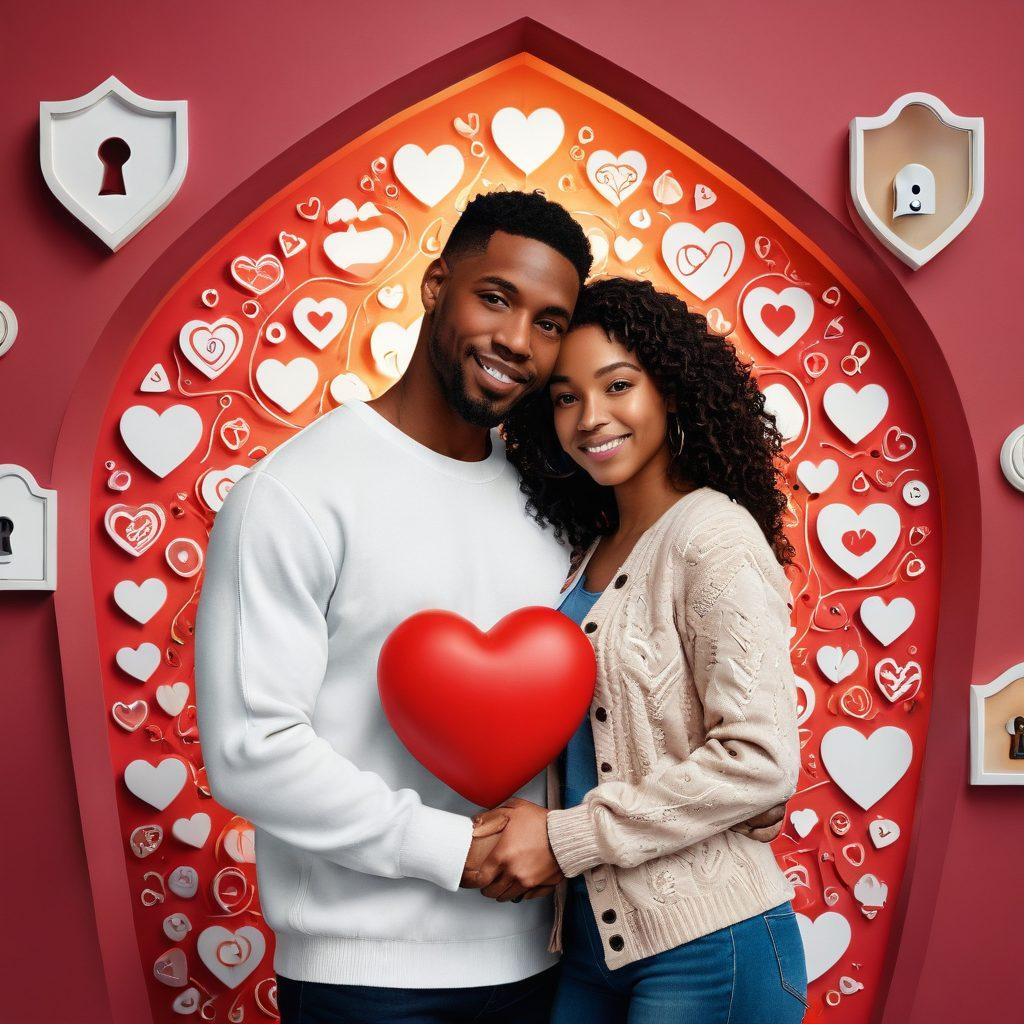 A diverse couple standing together, surrounded by heart-shaped symbols and digital safety icons, representing love and protection. The background features a blend of romantic and secure elements, like a cozy home and a digital lock. They are looking at each other with warmth and confidence. The color palette should be soft yet engaging. super-realistic. vibrant colors. warmth.
